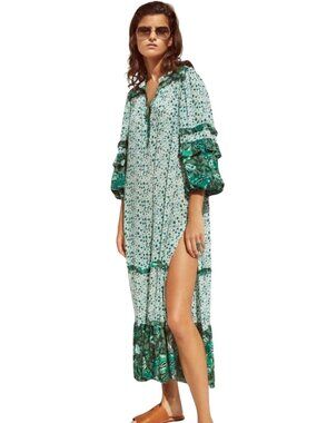 R. Vivimos Boho Floral Maxi Dress Green White Tiered Ruffle Long Sleeve